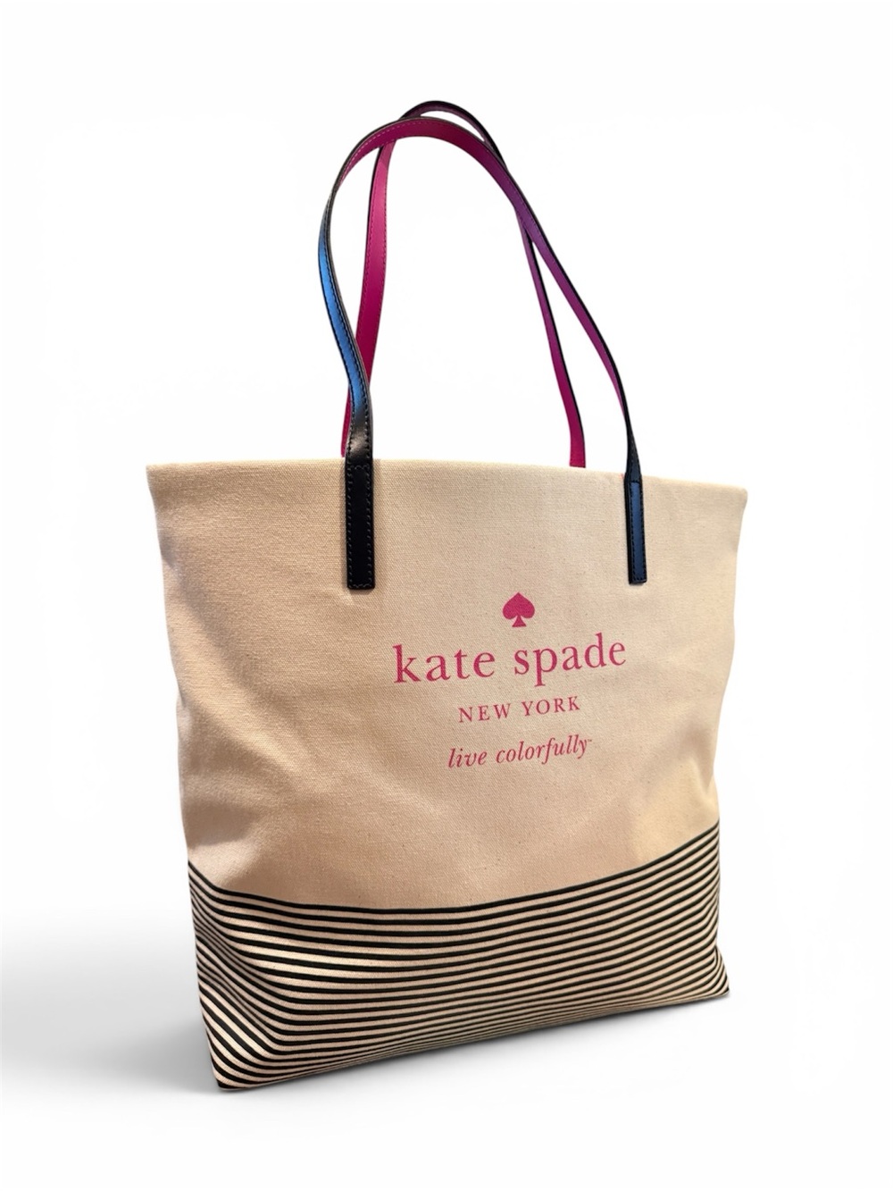 Kate Spade Signature Basin View Bon Shopper Tote Natural Canvas & black stripe